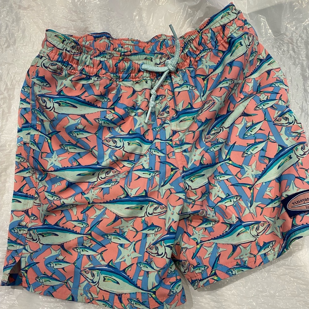 Vineyard Vines Blue and Pink Swim Trunks Retro Pattern